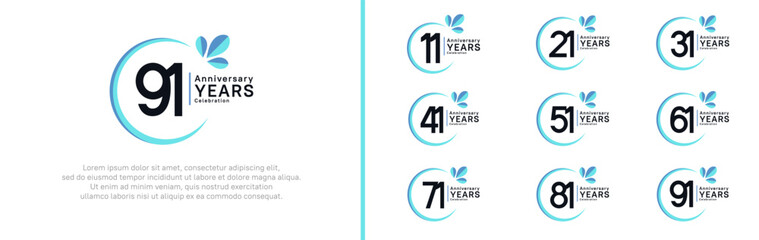 anniversary logotype set. vector design black color with blue ring and leaf for special moment