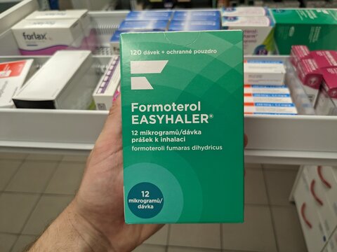 Prague, Czech Republic - August 28 2024: FORMOTEROL EASYHALER inhaler with FORMOTEROL active substance by ORION, used for asthma and COPD management.

