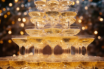 A tall tower of champagne glasses, filled with sparkling champagne, creating a luxurious and festive atmosphere with twinkling lights in the background