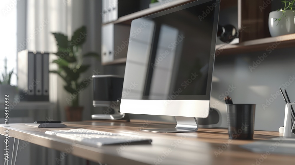 Poster show a modern office workspace with a computer, focusing on a high-resolution monitor and a sleek ke