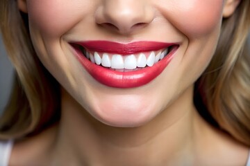 Fototapeta premium Radiant smile illuminates a close-up portrait, showcasing perfectly aligned pearly white teeth against soft, rosy lips. Natural beauty shines through in this warm, inviting image.