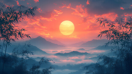 Fototapeta premium Landscape with bamboo. Chinese banner concept design. Mid Autumn Festival background