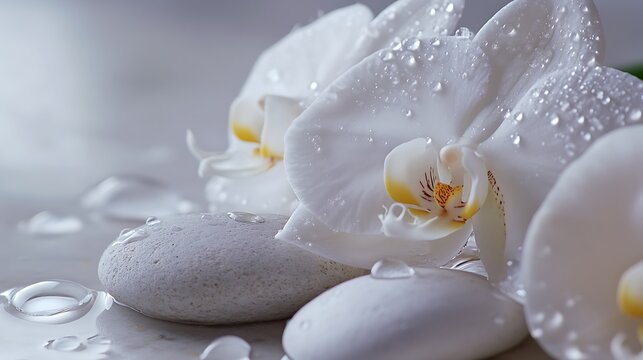 White Orchid and Stones with Water Drops