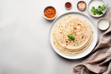 A White beige minimalistic photography of Dosas in cook book style pancake bread food.