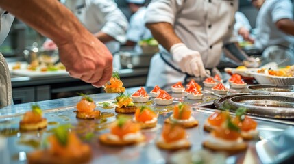 Show a professional kitchen with chefs preparing gourmet hors d'oeuvres for a high-end event, including delicate and elegantly presented small bites.