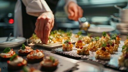 Show a professional kitchen with chefs preparing gourmet hors d'oeuvres for a high-end event, including delicate and elegantly presented small bites.