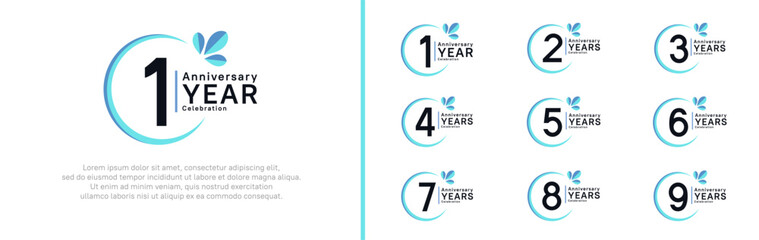 anniversary logotype set. vector design black color with blue ring and leaf for special moment