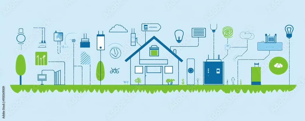 Aufkleber flat design infographic illustrating smart home technology with connected devices and automation