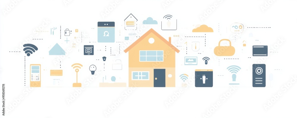 Poster flat design infographic of a smart home with interconnected devices and automation technology illust