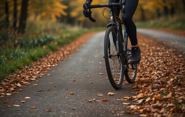 Fototapeta premium Sportsmen cyclist rides a bicycle on an autumn empty highway. Concept of a sporty lifestyle