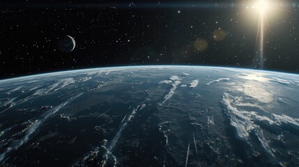 Obraz premium Show a serene view of the horizon with the planet illuminated by a distant star, providing a contrast between the bright edge and the surrounding darkness