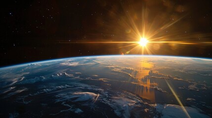 Show a serene view of the horizon with the planet illuminated by a distant star, providing a contrast between the bright edge and the surrounding darkness