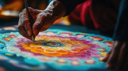 Obraz premium Artist Creating Intricate Mandala