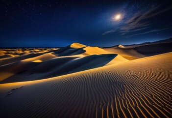 Naklejka premium vibrant sand dunes illuminated sparkling night sky filled stars celestial wonders, landscape, desert, shadows, light, moon, scenery, beauty, terrain, nature