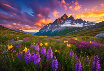 breathtaking mountain landscape showcasing colorful wildflower blooms majestic backdrop peaks sky, altitude, beauty, biodiversity, blossom, botanical