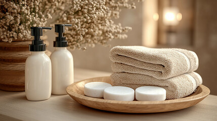 Handmade soap bars and a bottle of liquid soap lying next to white towels on a bathroom background, evoking a feeling of relaxation and freshness.

