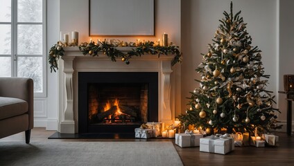 Christmas Tree With Decorations Near A Fireplace