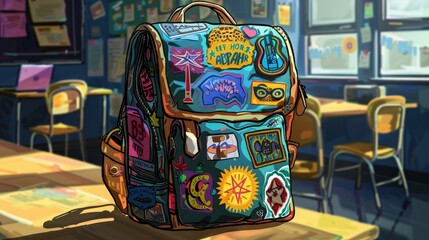 Show a school bag with various patches and stickers, reflecting their personal style and interests