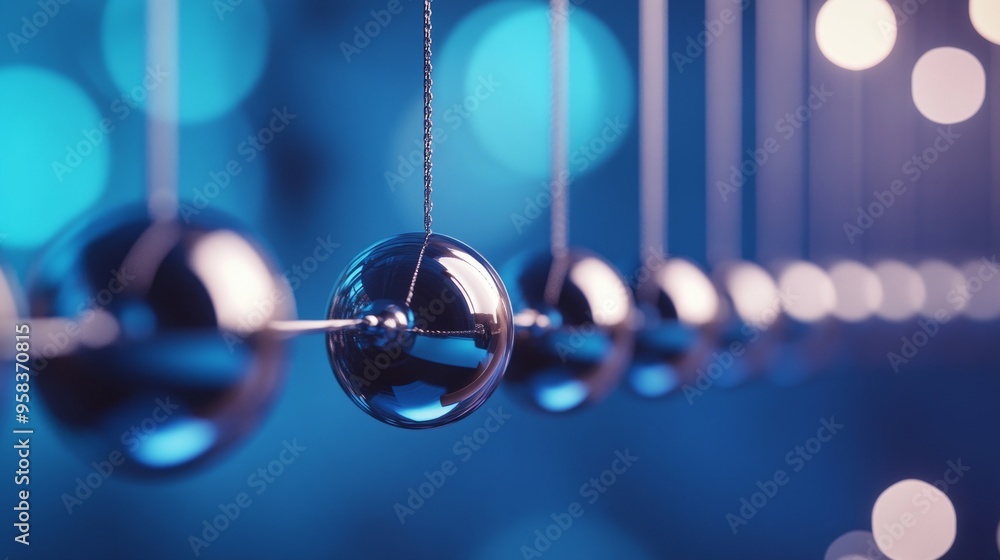 Poster a beautiful close-up of shiny metallic balls in a row. the image showcases the concept of motion and