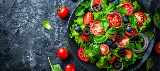 Fresh Summer Salad With Blueberries, Tomatoes, Onions, Greens. Healthy Eating. Vegetarian Food.