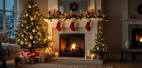 Christmas Tree with Decorations Near a Fireplace with Lights