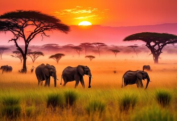 Obraz premium vibrant savanna landscape sunrise featuring diverse animals natural habitat lush grass colorful sky, wildlife, nature, flora, fauna, ecosystem, scenery, dawn