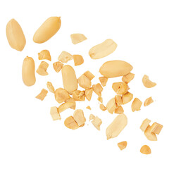 Peanuts levitating in air on white background. Isolated Falling crushed  peanuts. Peanut explosion.