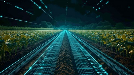 An abstract background featuring a futuristic digital dashboard displaying farm analytics, overlaid on a vibrant field image