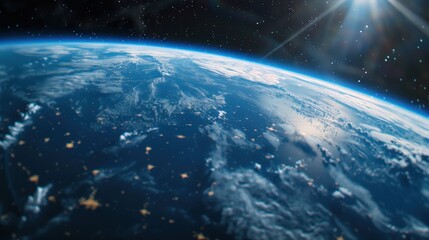 Obraz premium Show a view of the horizon from a spacecraft traveling away from the planet, with the curvature growing smaller as it moves further into space.