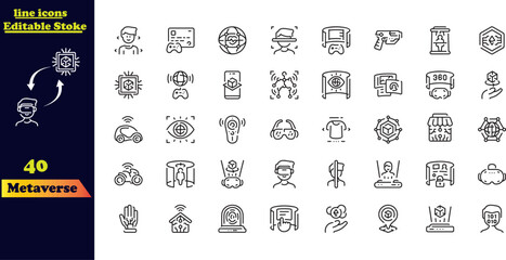 Outline icon set for the Metaverse. This collection includes icons representing Virtual Reality (VR), the digital world, Earth, the Metaverse concept, futuristic elements, and more.