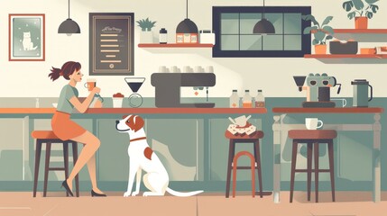 Show a woman and her dog in a dog-friendly with the woman sipping a coffee while the dog enjoys a treat and both interact with other pet lovers