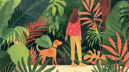 Show a woman and her dog taking a relaxing stroll through a botanical garden, with the dog sniffing at the various plants and the woman enjoying the tranquility.