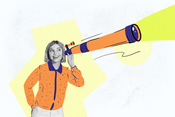 Creative drawing collage picture of interested female listen gossip telescope billboard comics zine...