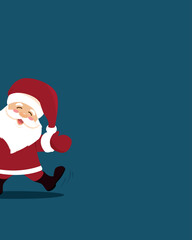Joyful Santa Claus peeking out from the side of the picture isolated on blue background. Wishing Merry Christmas and Happy New Year! Vector cute character with holiday vibes