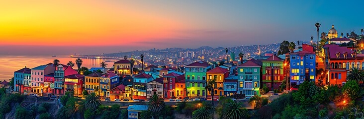 Colorful Houses at Sunset in Valparaiso, Chile