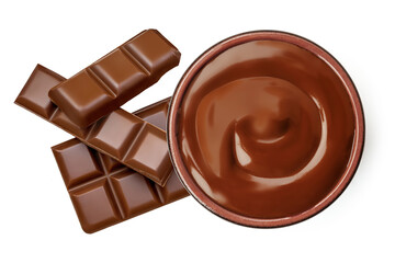 Melted chocolate in a bowl and chocolate bar pieces isolated on white background. Flowing  Chocolate spread top view. Flat lay.