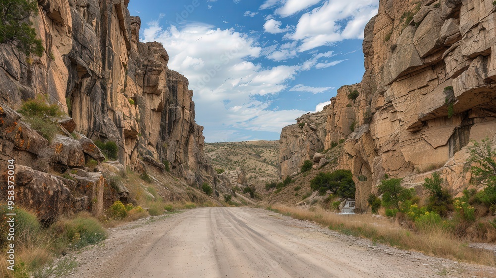 Poster show an isolated road running through a remote, dry canyon with towering rock walls and minimal vege