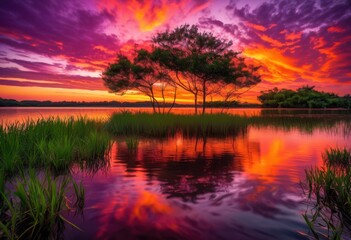 Obraz premium vibrant sunset reflections serene water surface capturing beauty palette vivid colors, sky, nature, evening, light, landscape, horizon, scenery, dusk, glow
