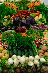 Complete display of fruits and vegetables.
