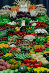 Complete display of fruits and vegetables.
