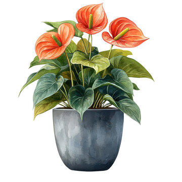 orange anthurium flowers in gray pot clip art preview