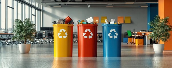 Three recycling bins, yellow, red, blue, in modern office setting.