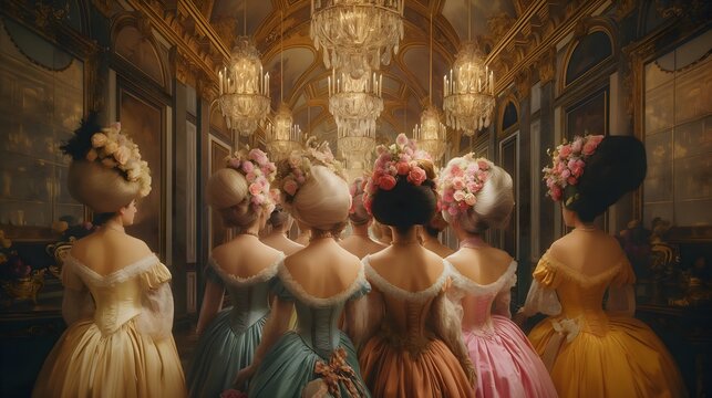 Rococo illustration surreal painting, hall of chandeliers, Versailles palace. Ornate Marie Antoinette style women.