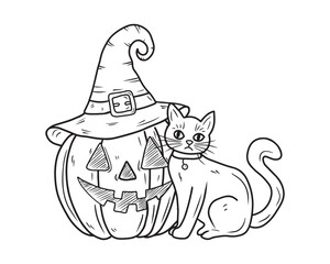 Cat in collar with token is sitting near the carved Halloween pumpkin in witch hat in black isolated on white. Hand drawn sketch illustration in doodle engraved vintage line art style. Mystery, horror