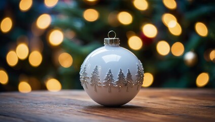 Fototapeta premium Christmas white glossy round bauble ornament on wooden table with christmas tree decoration and blurred bokeh lights background