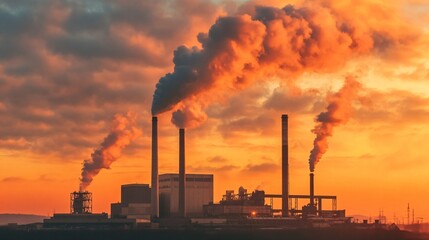 Industrial power plant at sunset, with smoke rising from tall chimneys against an orange sky.