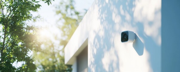 High-key 3D render of a smart security camera on a modern building exterior with sunlight and tree shadows