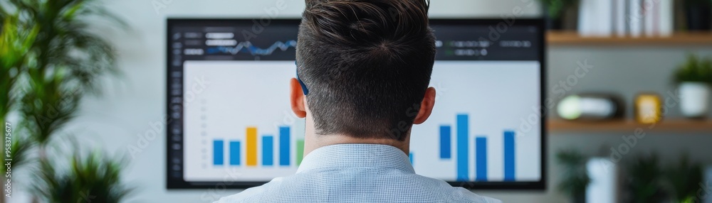 Poster a professional analyzing data on a modern screen, showcasing charts and graphs in a bright office en