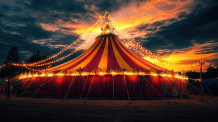 Fototapeta premium Vibrant Red and Yellow Circus Tent Featuring Magical Illumination with Dazzling Lights and Enchanting Atmosphere. Template for background, banner, card, poster