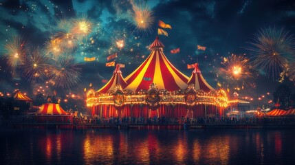 Vibrant Red and Yellow Circus Tent Featuring Magical Illumination with Dazzling Lights and Enchanting Atmosphere. Template for background, banner, card, poster